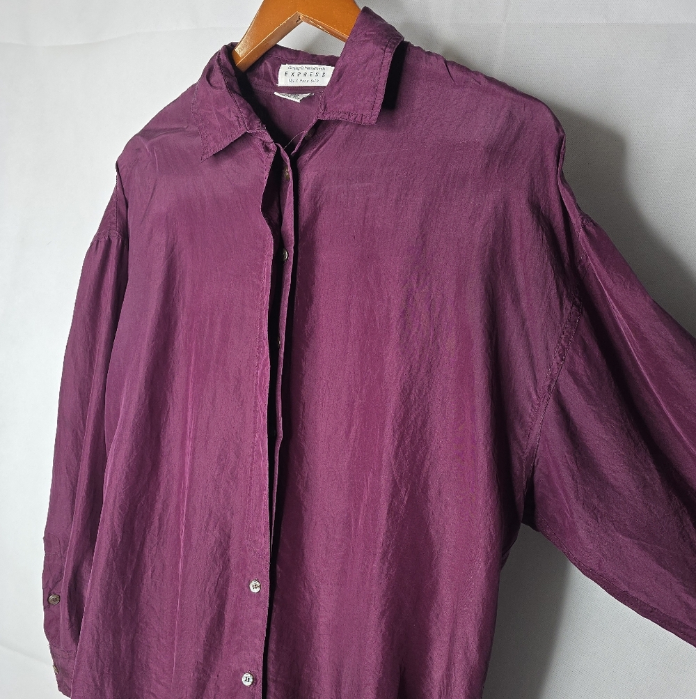 Express 100% Silk Button Up Blouse Plum Purple Relaxed Fit Long Sleeve Vintage